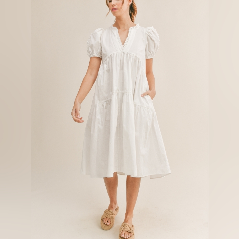 White Cotton Puff with ruffle sleeves midi Dress